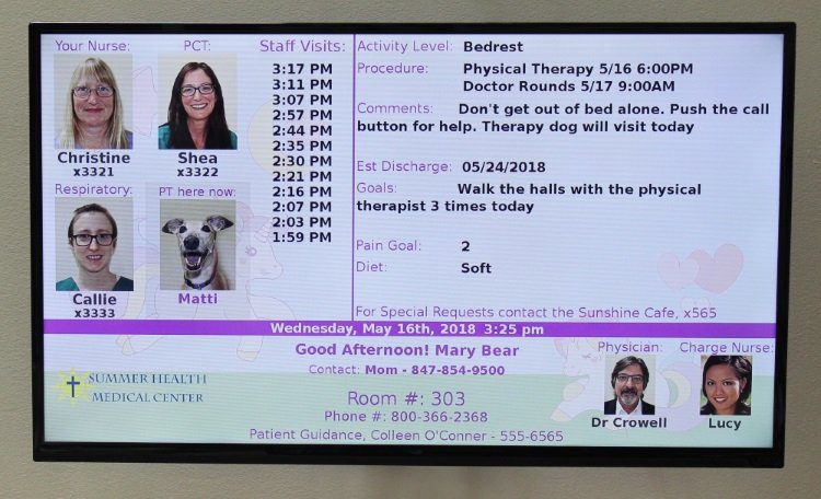Digital Patient Room Status Board with picture of hospital Therapy Dog